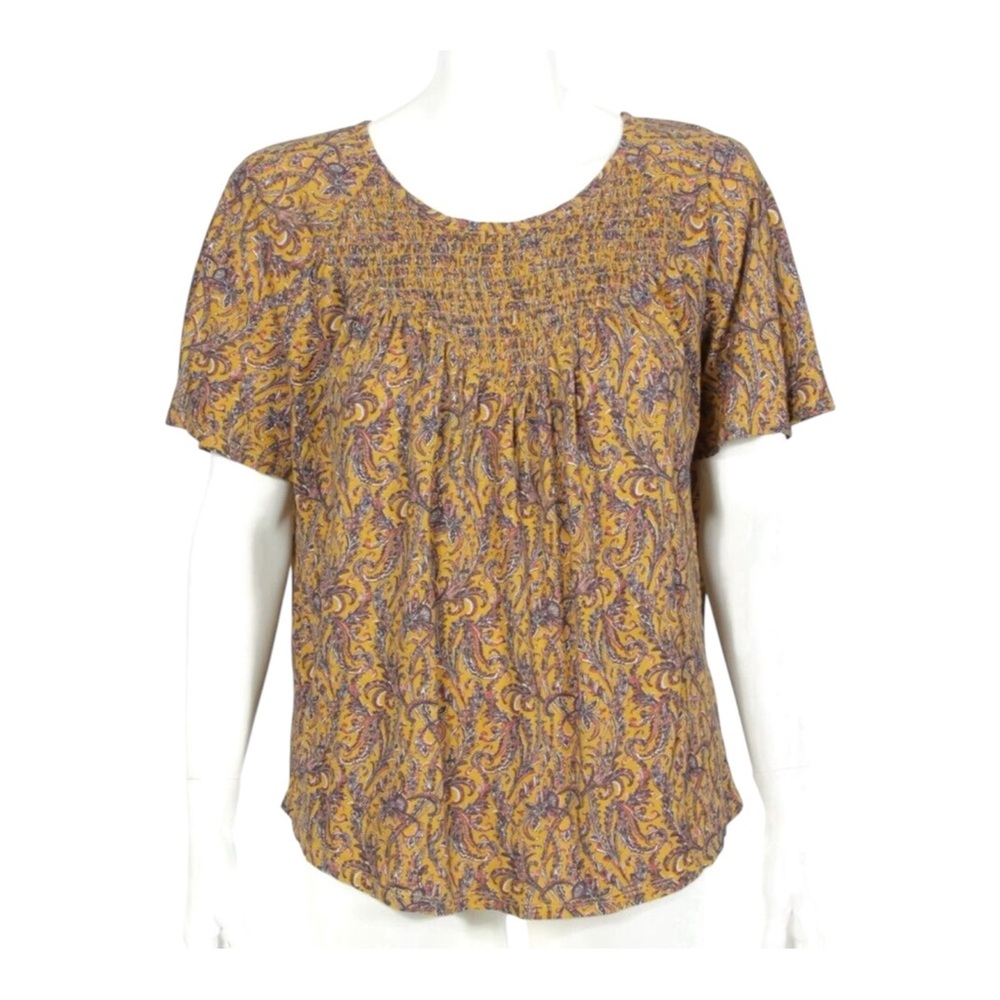 Lucky Brand Smocked Neck Mustard Yellow Flowy Top XL